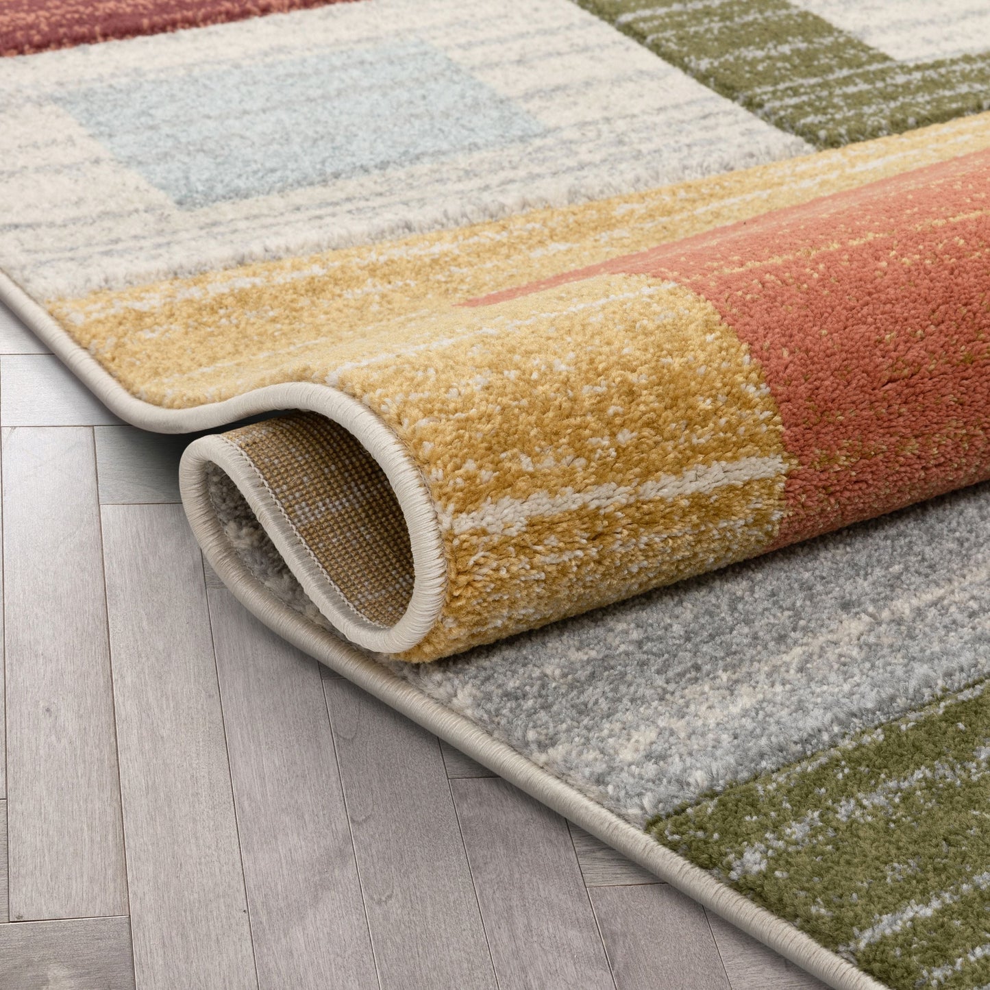 Tango Mid-Century Modern Geometric Squares Multi Distressed High-Low Rug RU-111