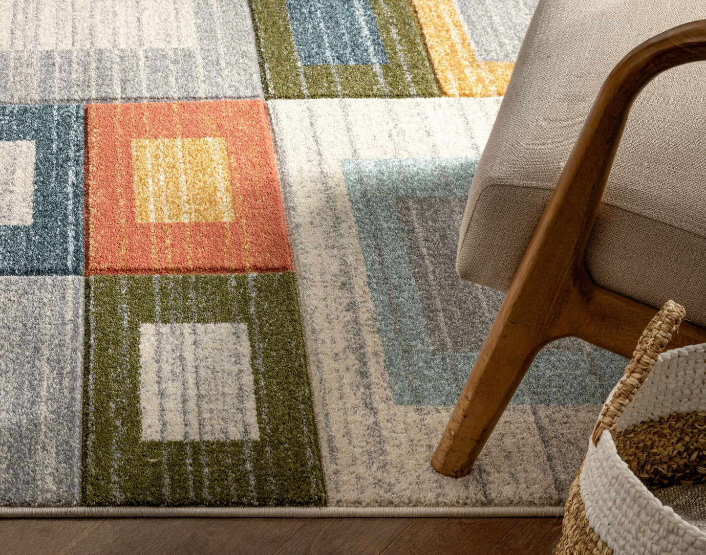 Tango Mid-Century Modern Geometric Squares Multi Distressed High-Low Rug RU-111