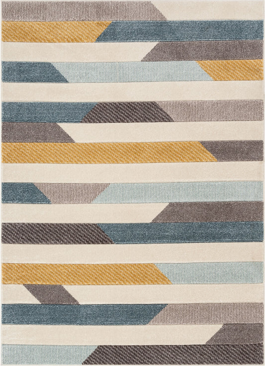 Savoy Contemporary Geometric Stripes Gold Blue Distressed High-Low Rug RU-171