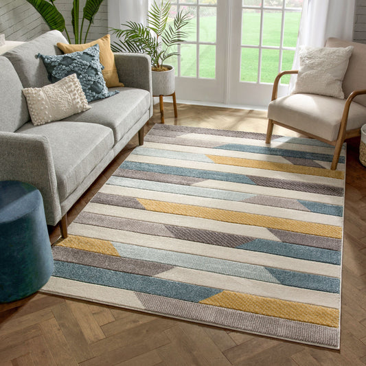 Savoy Contemporary Geometric Stripes Gold Blue Distressed High-Low Rug RU-171