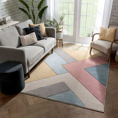 Alma Mid-Century Modern Geometric Triangle Pattern Multi Distressed High-Low Rug RU-201