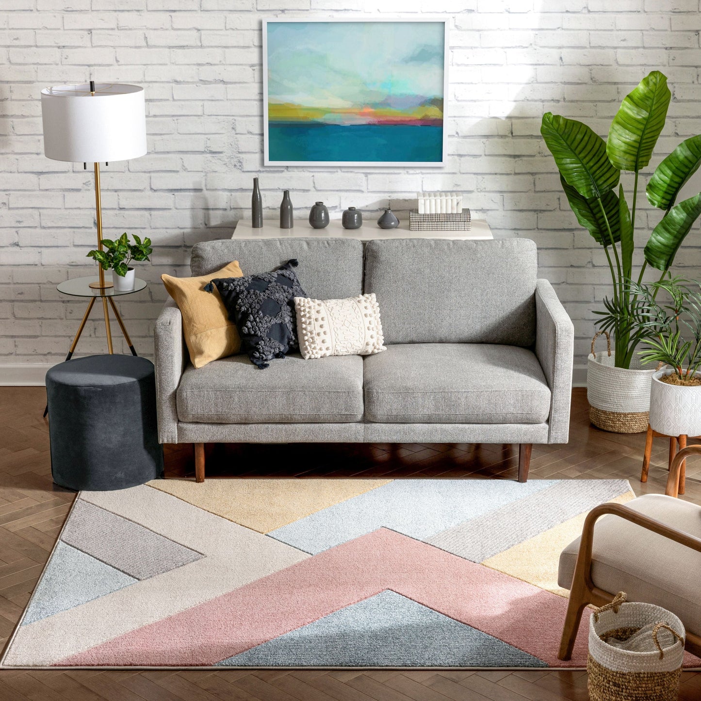 Alma Mid-Century Modern Geometric Triangle Pattern Multi Distressed High-Low Rug RU-201