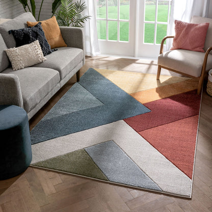 Alma Mid-Century Modern Geometric Triangle Pattern Multi Distressed High-Low Rug RU-206