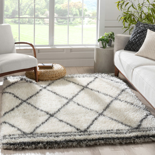 Sedona Modern Ethnic Shag Ivory Grey Soft Rug RUE-12