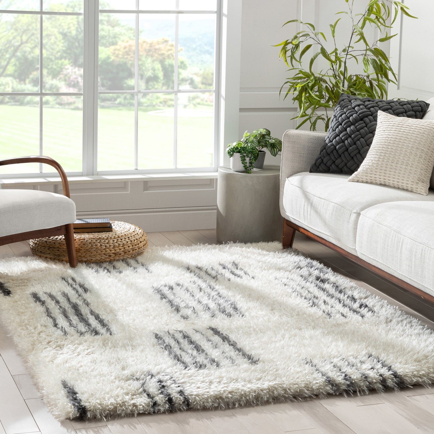 Yucca Modern Ethnic Shag Ivory Grey Soft Rug RUE-22