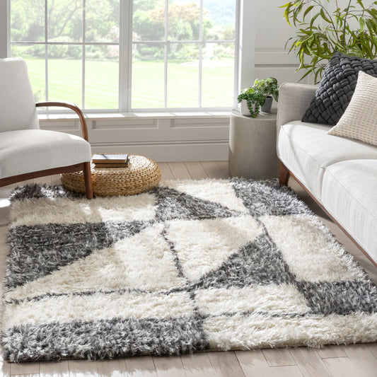Zuni Moroccan Ethnic Shag Ivory Grey Soft Rug RUE-32