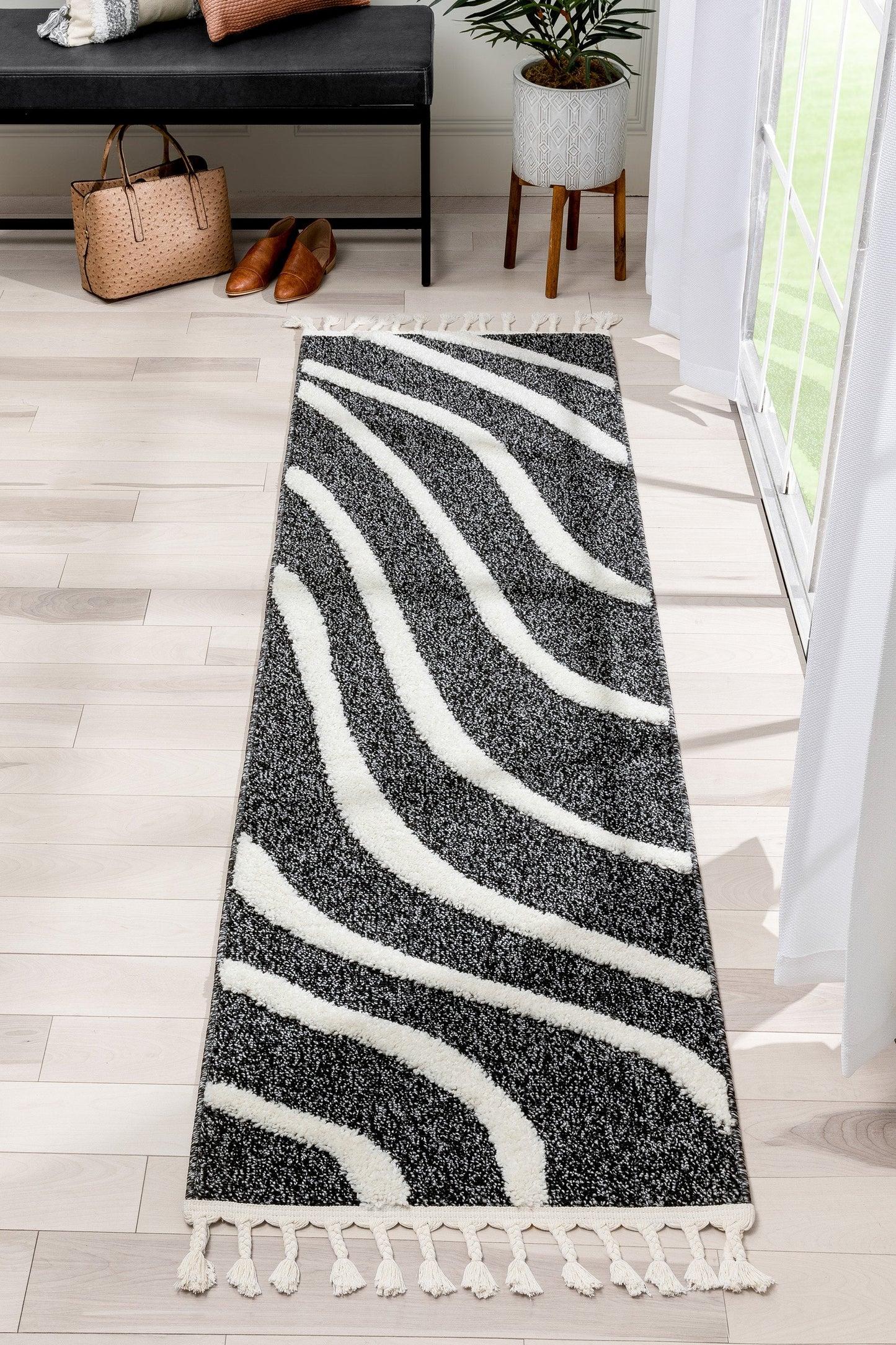 Lydia Contemporary Coastal Geometric Black High-Low Textured Rug SAL-103