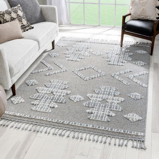 Savannah Tribal Geometric Pattern Ivory High-Low Textured Rug SAL-112