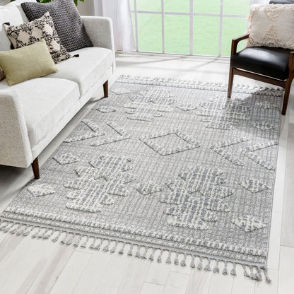 Savannah Tribal Geometric Pattern Grey High-Low Textured Rug SAL-117