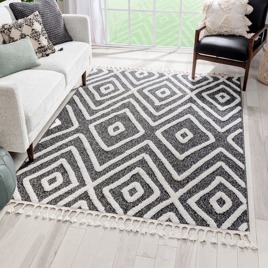 Willow Moroccan Lattice Trellis Black High-Low Textured Rug SAL-23
