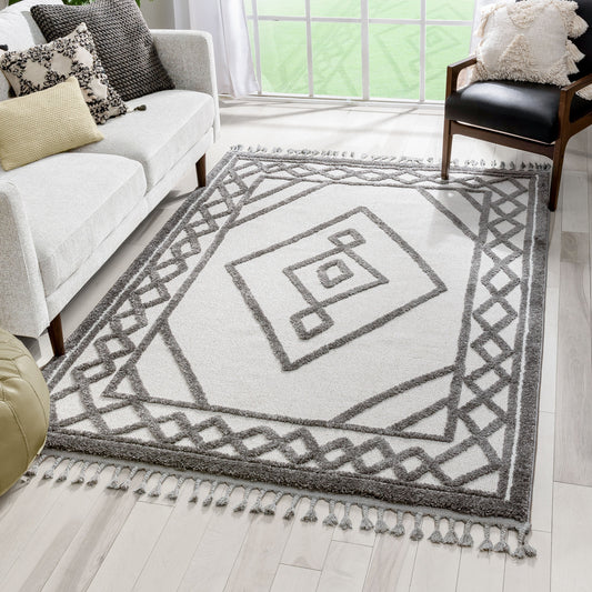 Everly Tribal Trellis Diamond Pattern Ivory Grey High-Low Textured Rug SAL-32