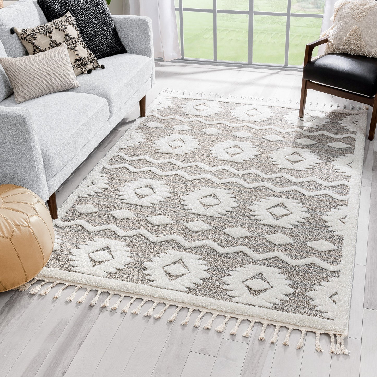 Addison Tribal Moroccan Diamond Pattern Beige High-Low Textured Rug SAL-42