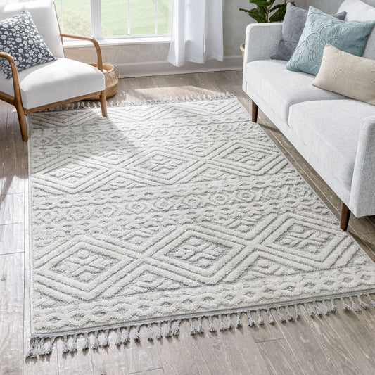 Eliana Tribal Geometric Chevron pattern Cream High-Low Textured Rug SAL-52