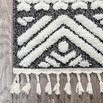 Eliana Tribal Geometric Chevron pattern Dark Grey White High-Low Textured Rug SAL-57