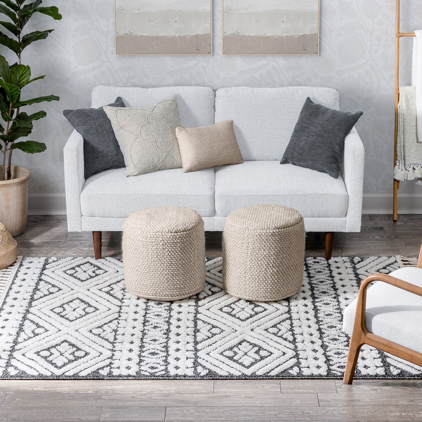 Eliana Tribal Geometric Chevron pattern Dark Grey White High-Low Textured Rug SAL-57