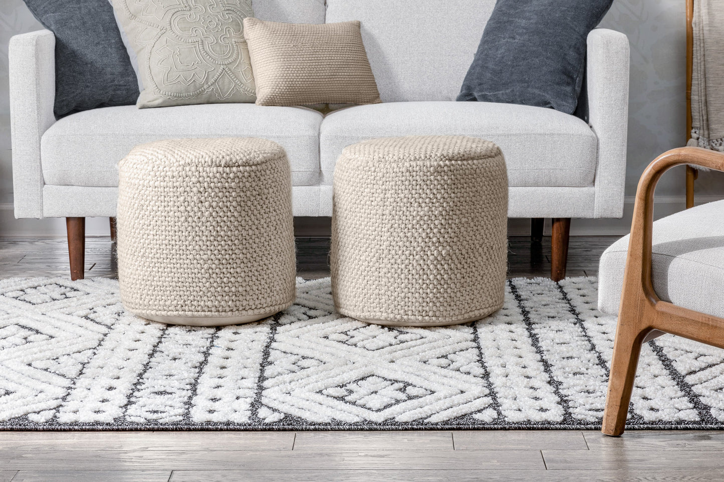 Eliana Tribal Geometric Chevron pattern Dark Grey White High-Low Textured Rug SAL-57