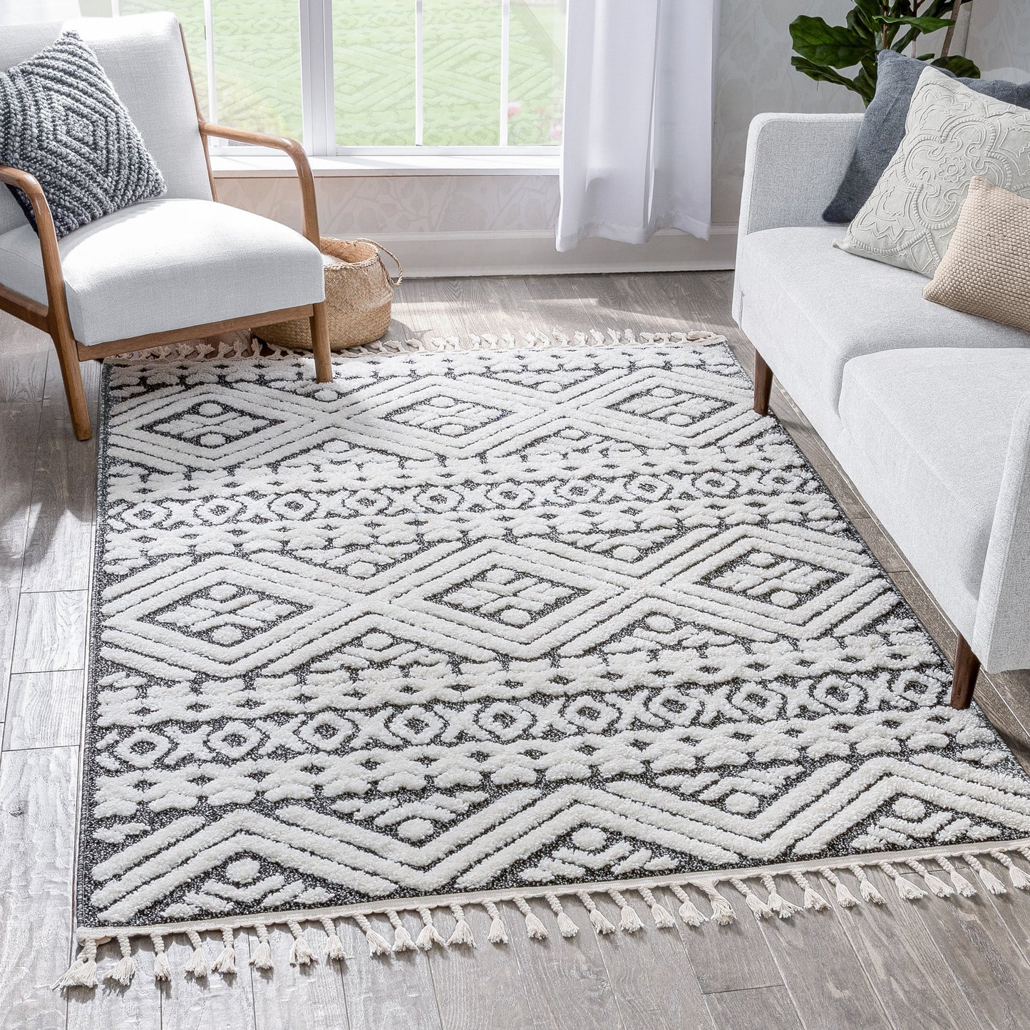 Eliana Tribal Geometric Chevron pattern Dark Grey White High-Low Textured Rug SAL-57