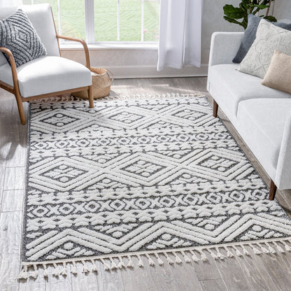 Eliana Tribal Geometric Chevron pattern Dark Grey White High-Low Textured Rug SAL-57