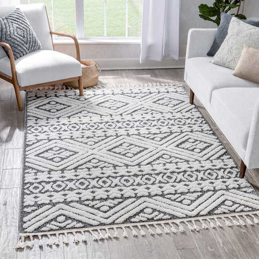 Eliana Tribal Geometric Chevron pattern Dark Grey White High-Low Textured Rug SAL-57