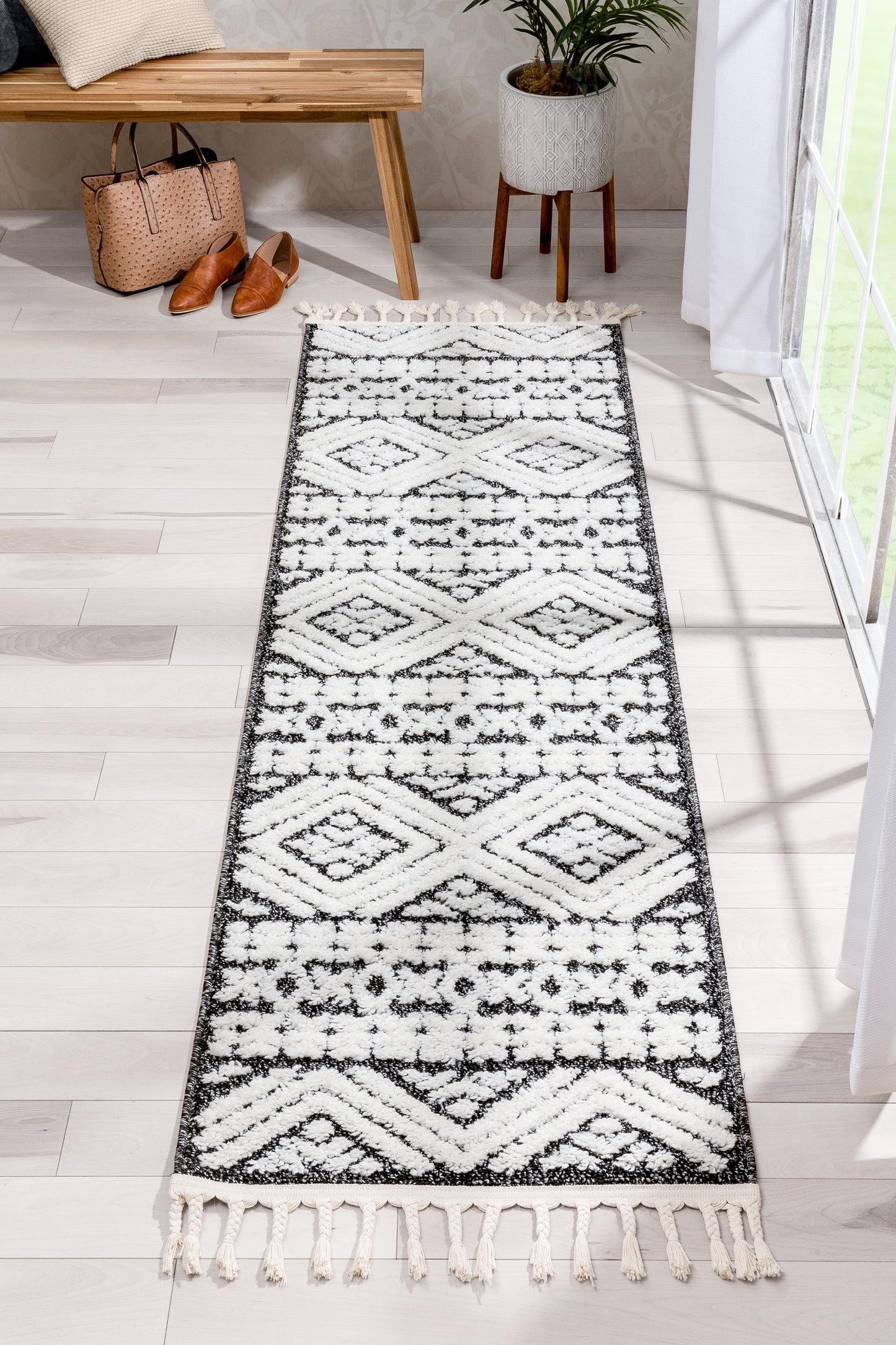 Eliana Tribal Geometric Chevron pattern Dark Grey White High-Low Textured Rug SAL-57
