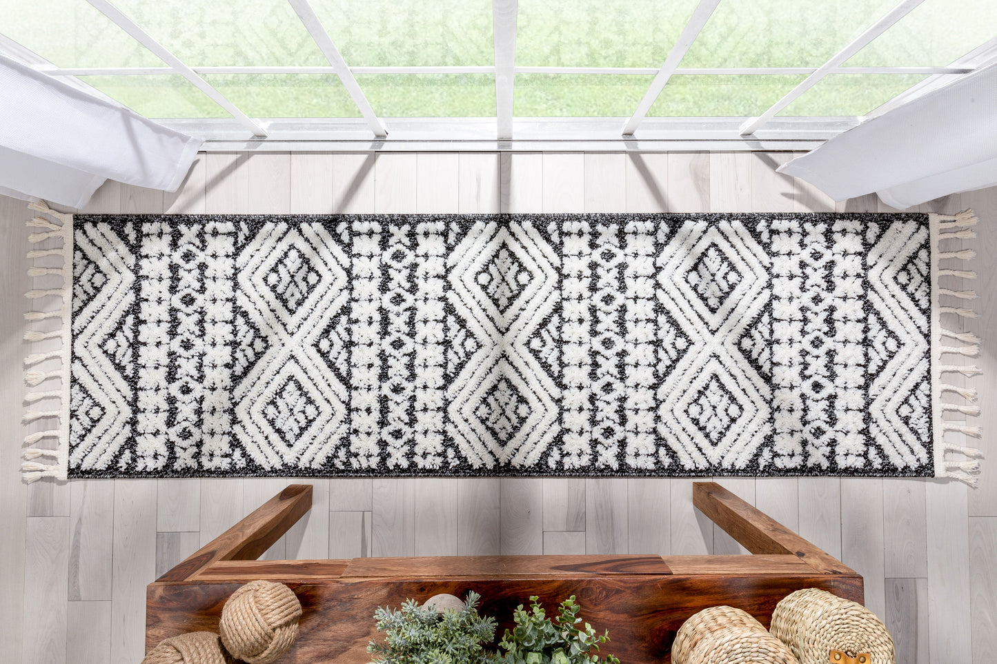 Eliana Tribal Geometric Chevron pattern Dark Grey White High-Low Textured Rug SAL-57