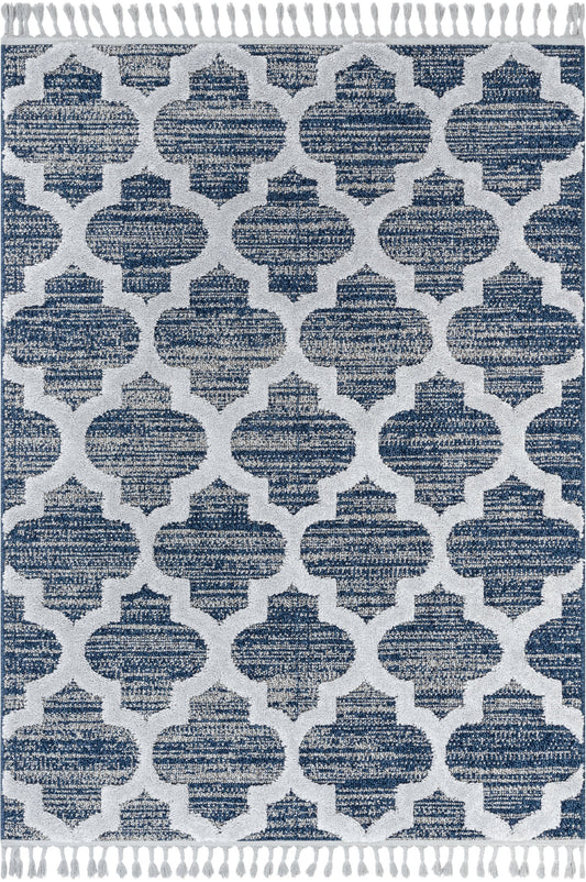 Avery Moroccan Lattice Trellis Navy Blue Grey High-Low Textured Rug SAL-64