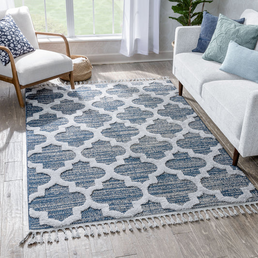 Avery Moroccan Lattice Trellis Navy Blue Grey High-Low Textured Rug SAL-64
