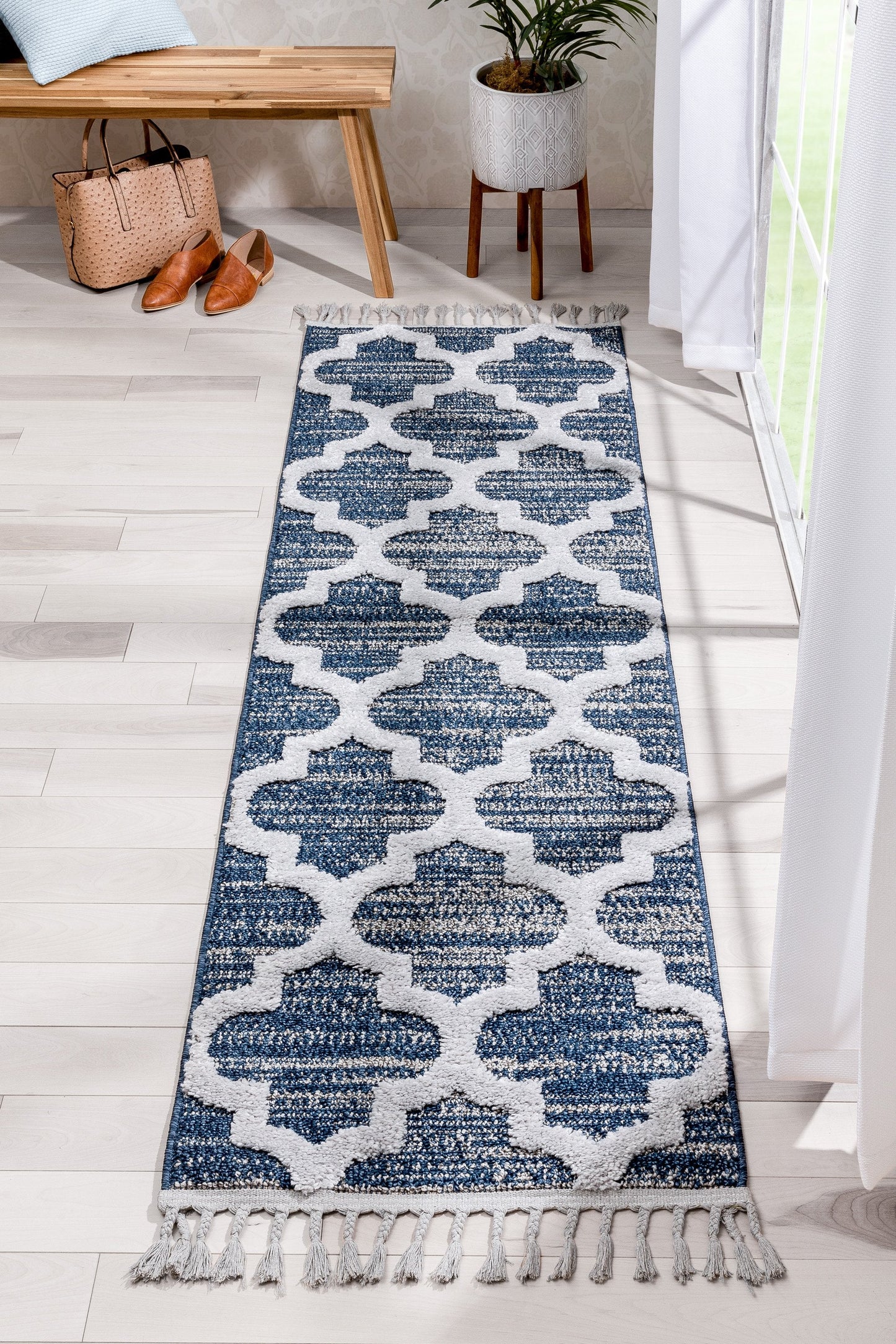 Avery Moroccan Lattice Trellis Navy Blue Grey High-Low Textured Rug SAL-64