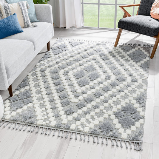 Melanie Contemporary Medallion Diamond Pattern Grey Cream High-Low Textured Rug SAL-87