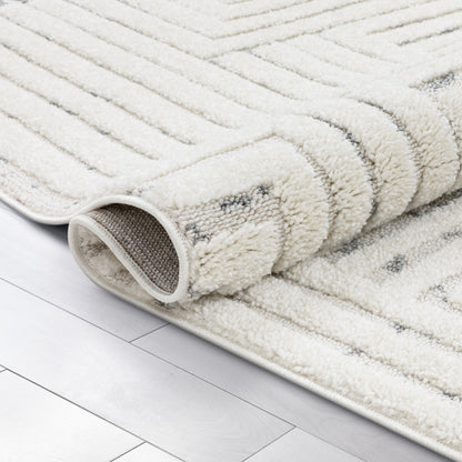 Gianna Modern Geometric Stripes Cream Grey High-Low Textured Rug SAL-92
