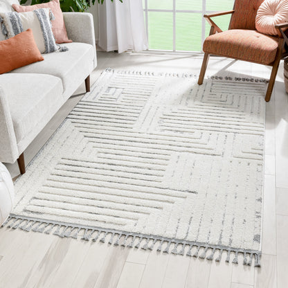 Gianna Modern Geometric Stripes Cream Grey High-Low Textured Rug SAL-92