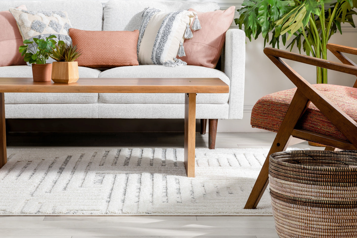 Gianna Modern Geometric Stripes Cream Grey High-Low Textured Rug SAL-92