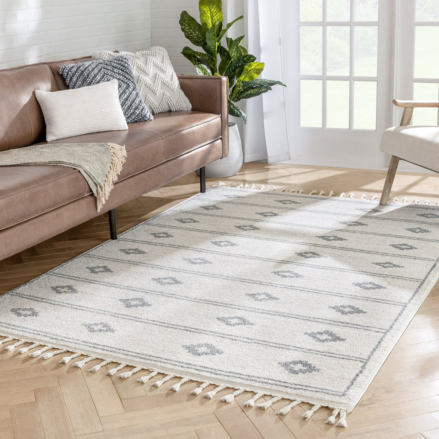 Parallel Moroccan Tribal Diamond Pattern Ivory Grey Rug SE-242