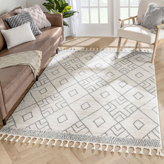 Diodelly Moroccan Lattice Trellis Ivory Grey Rug SE-262