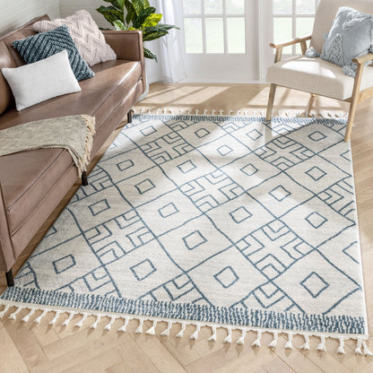 Diodelly Moroccan Lattice Trellis Blue Ivory Rug SE-264