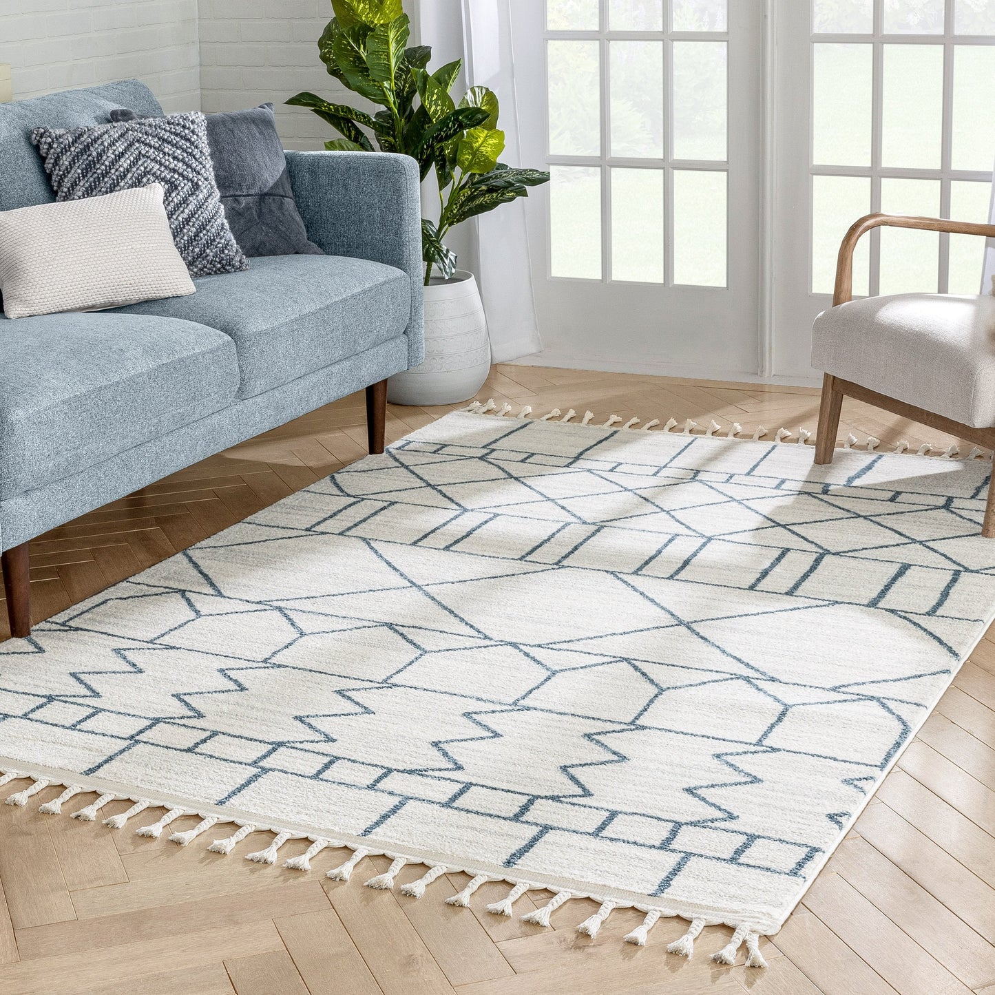 Schematica Nordic Tribal Geometric Pattern Ivory Blue Rug SE-272
