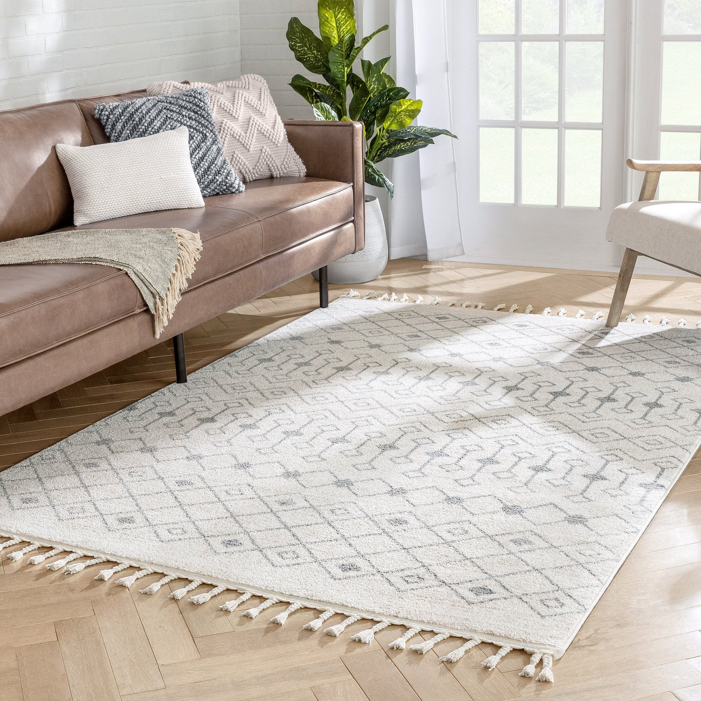 Transistora Nordic Tribal Trellis Pattern Ivory Grey Rug SE-282