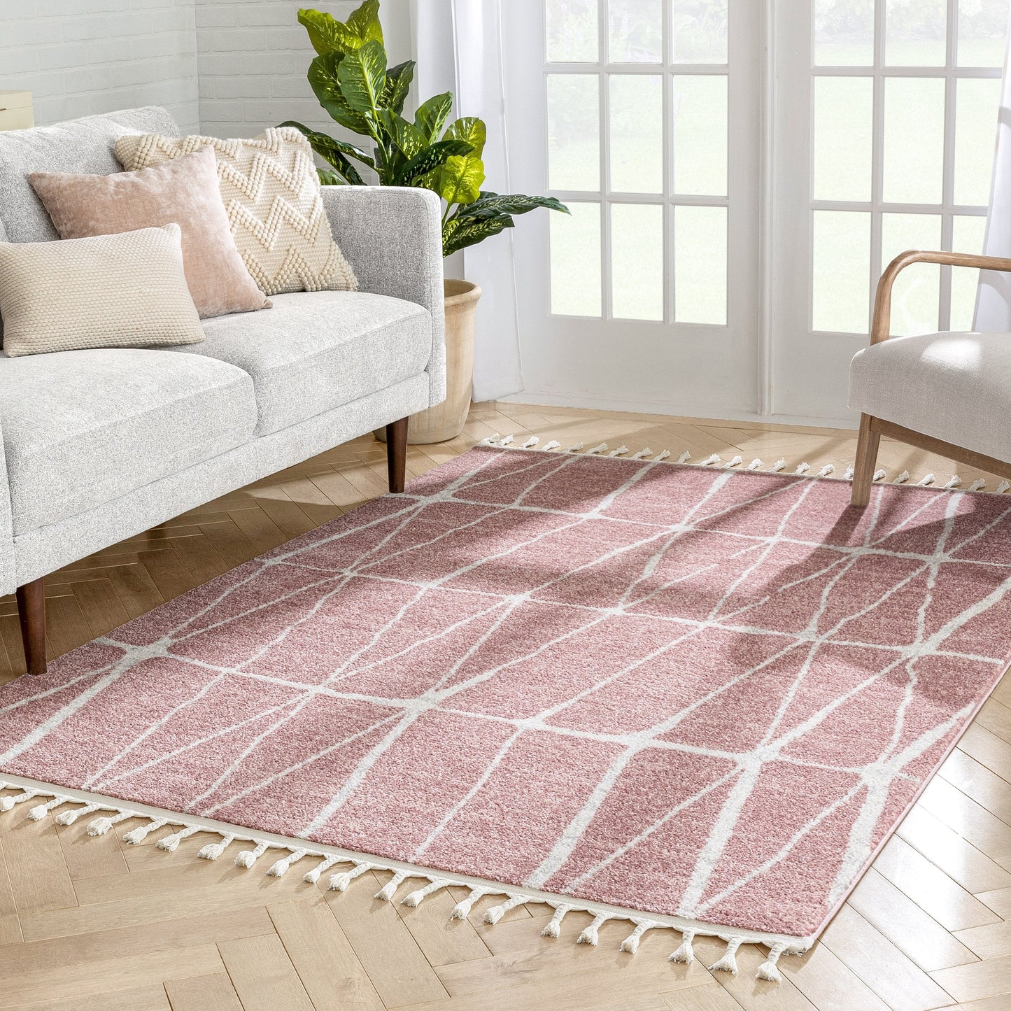 Crisscross Nordic Geometric Pattern Blush Ivory Rug SE-310