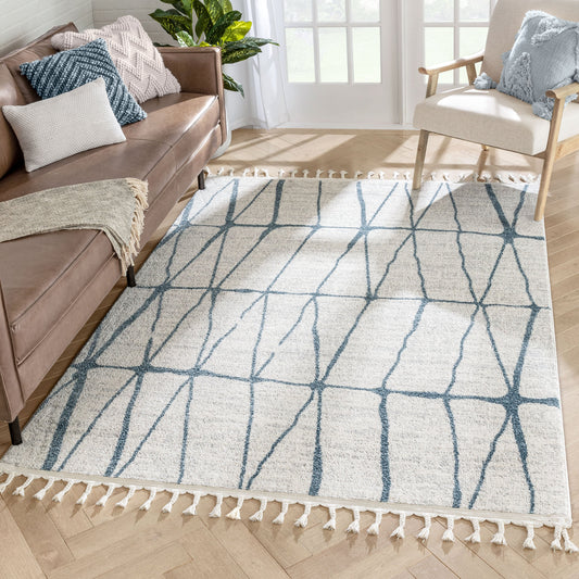 Crisscross Nordic Geometric Pattern Blue Ivory Rug SE-316