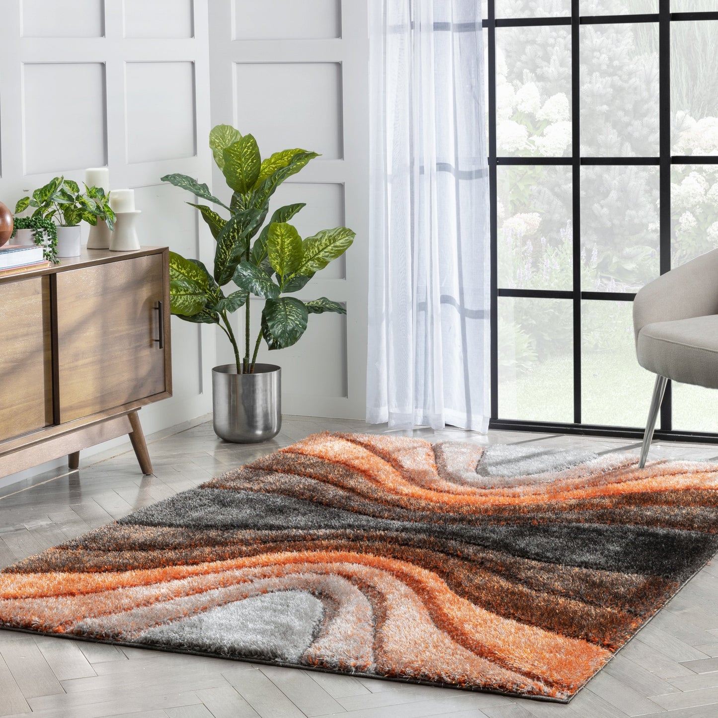 Luz Modern Geometric Grey Orange 3D Textured Thick & Soft Shag Rug SF-167