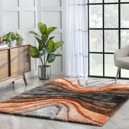 Luz Modern Geometric Grey Orange 3D Textured Thick & Soft Shag Rug SF-167