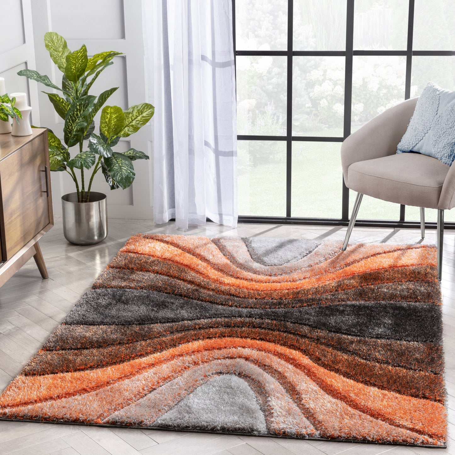 Luz Modern Geometric Grey Orange 3D Textured Thick & Soft Shag Rug SF-167