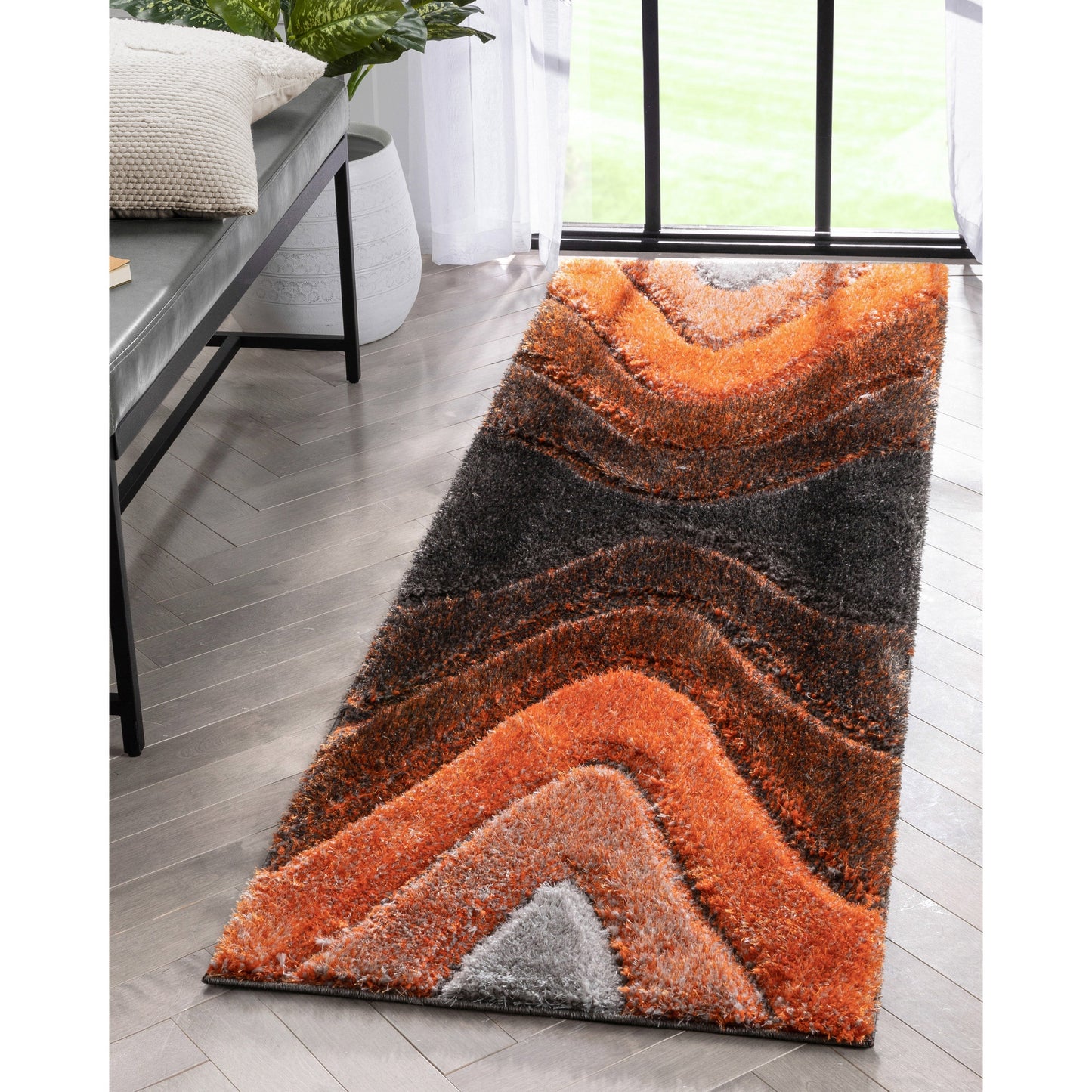 Luz Modern Geometric Grey Orange 3D Textured Thick & Soft Shag Rug SF-167