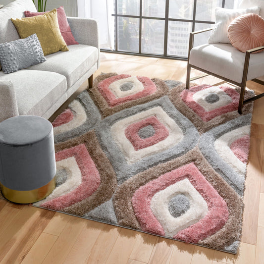 Malibu Modern Ogee Pattern Geometric Shag Brown Blush 3D Textured Thick & Soft Shag Rug SF-18