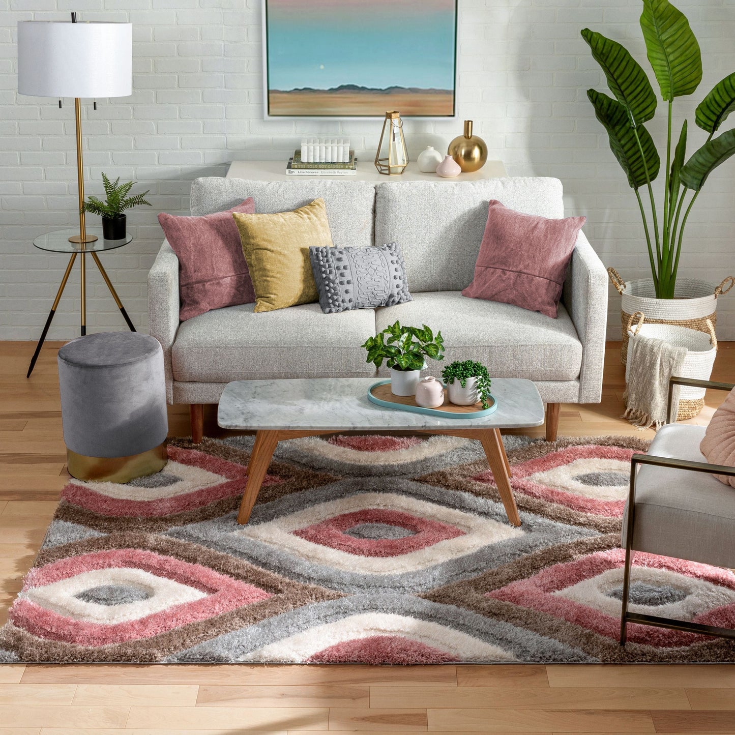 Malibu Modern Ogee Pattern Geometric Shag Brown Blush 3D Textured Thick & Soft Shag Rug SF-18