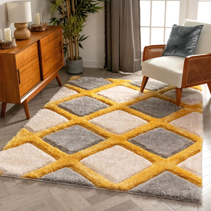 Posh Yellow Modern Geometric 3D Textured Shag Rug SF-31