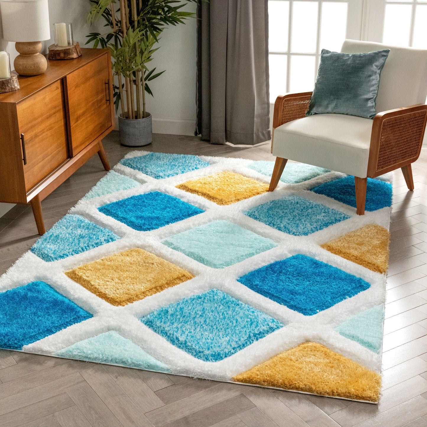 Posh Blue Modern Geometric 3D Textured Shag Rug SF-34