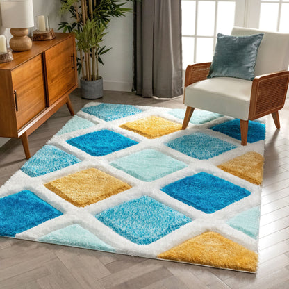 Posh Blue Modern Geometric 3D Textured Shag Rug SF-34