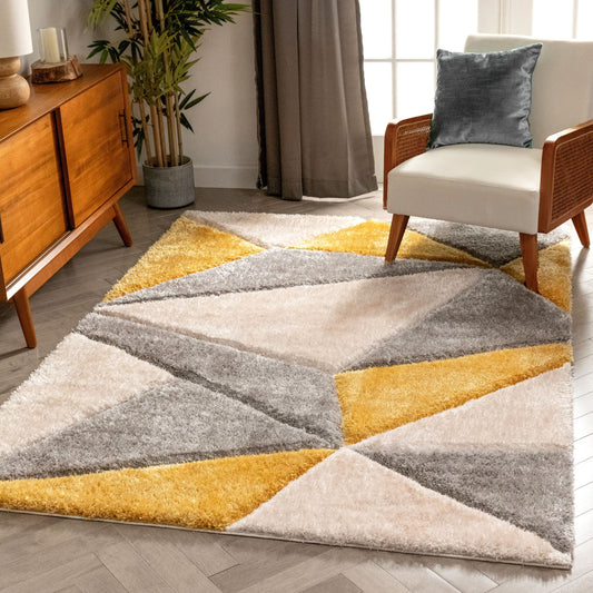 Venice Yellow Modern Geometric 3D Textured Shag Rug SF-41