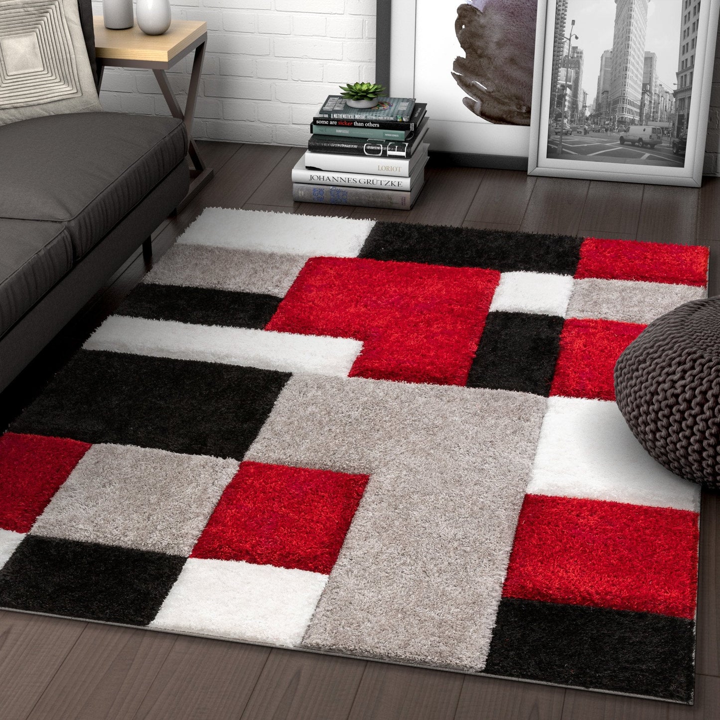 Escondido Red Modern Geometric 3D Textured Shag Rug SF-60